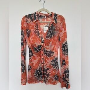Free People Lucky Shirtee Size Medium Long Sleeve Sheer Floral